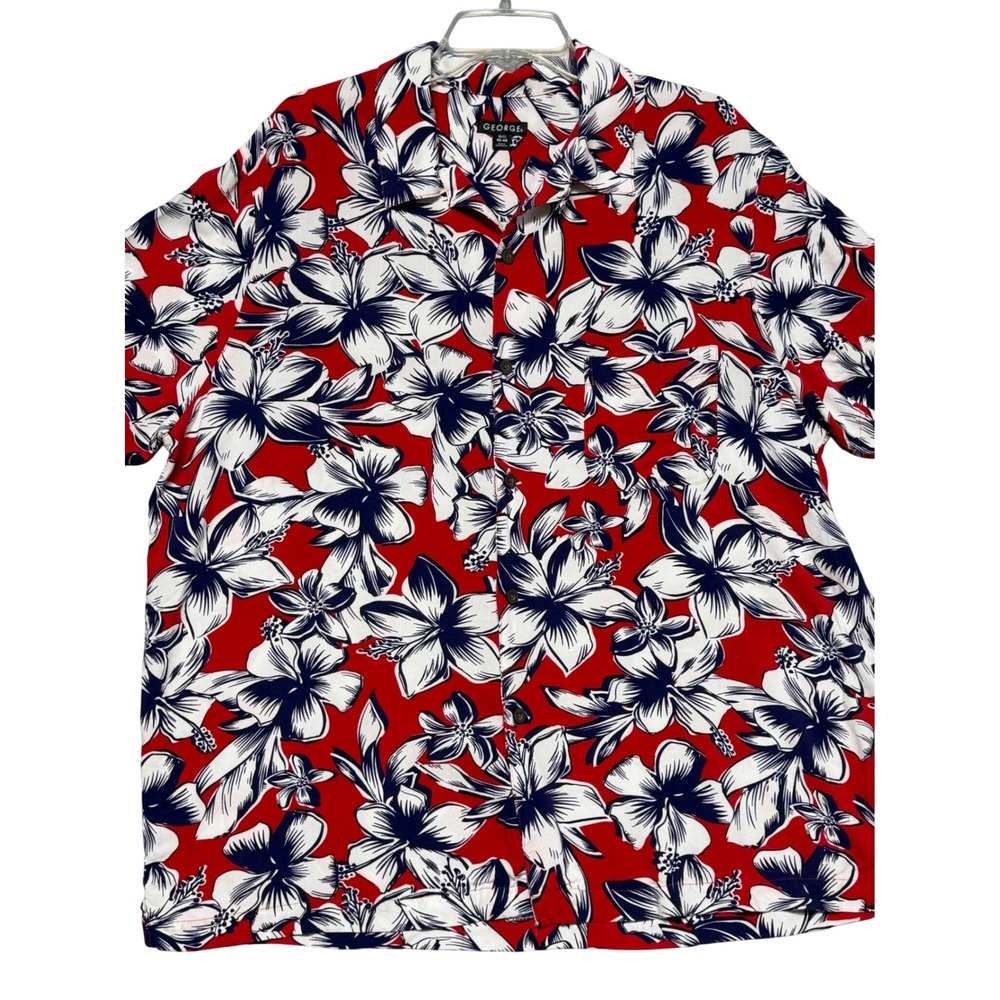 George Mens Red Floral Rayon‎ Short Sleeve Camp Hawaiian Shirt XL GM26Y027